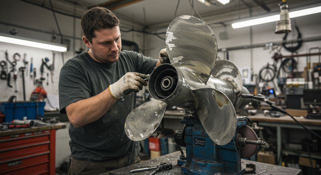 Technician repairing and reconditioning a damaged boat propeller
