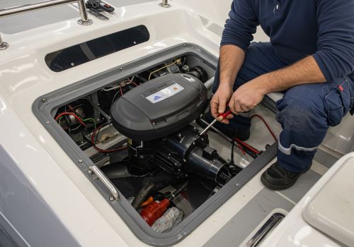 Professional technician installing a thruster on a yacht