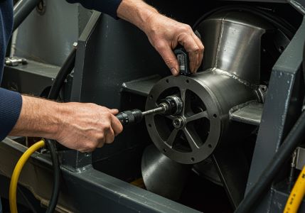 Marine technician working on a boat thruster installation